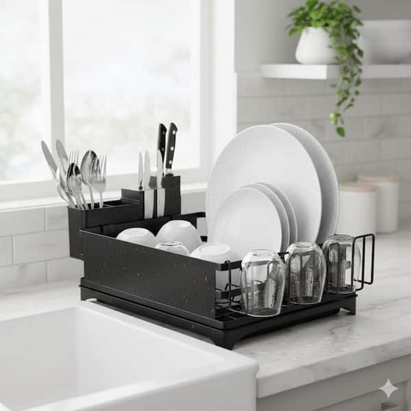 Black Steel Dish Rack with Cutlery Holder and Drip Tray, Large Capacity Countertop Dish Drainer for Kitchen