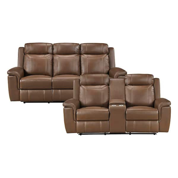 Zorven 83.5 in. W Pillow Top Arms Top Grain Leather Rectangle 2-Piece Living Room Sofa Set with Storage Console in Camel