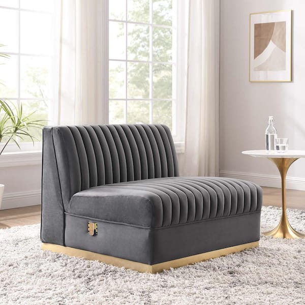 MODWAY Sanguine 36 in. Channel Tufted Performance Velvet Modular Sectional Sofa Armless Chair in Gray