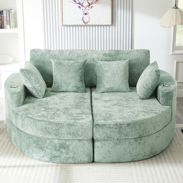 80 in. Rolled Arm Seal Velvet Curved Full-Compressed Chaise Lounge Sofa with 2 Cup Holders in Green