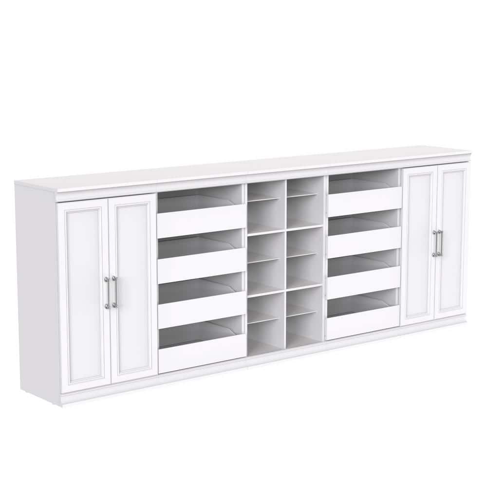White Modular Storage System with Drawers and Shelves, 107" Wide