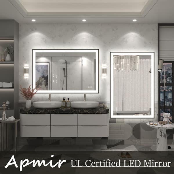 48 in. W x 32 in. H Rectangular Space Aluminum Framed Dual Lights Anti-Fog Wall Bathroom Vanity Mirror in Tempered Glass