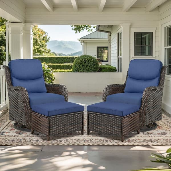 Crescent Brown Wicker Outdoor Rocking Chair Set with 5 in. Thick Navy Blue Cushions, Swivel Rockers, Ottomans (4-Pack)