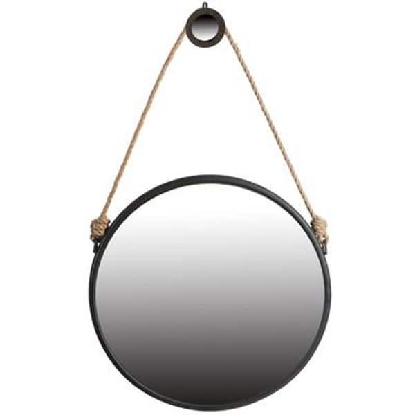 HomeRoots 29.5 in. W x 29.5 in. H Black Fame Round Wall Hanging Accent Mirror with Rope