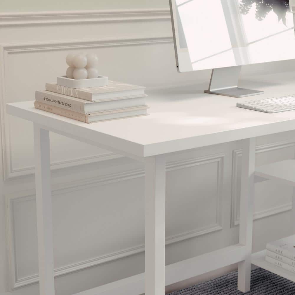 White Wood Grain Home Office Trestle Desk with Shelves