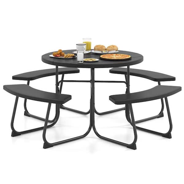 35x35 HDPE Metal Frame Outdoor Picnic Table Set with Umbrella Hole for Garden Patio Dining Black