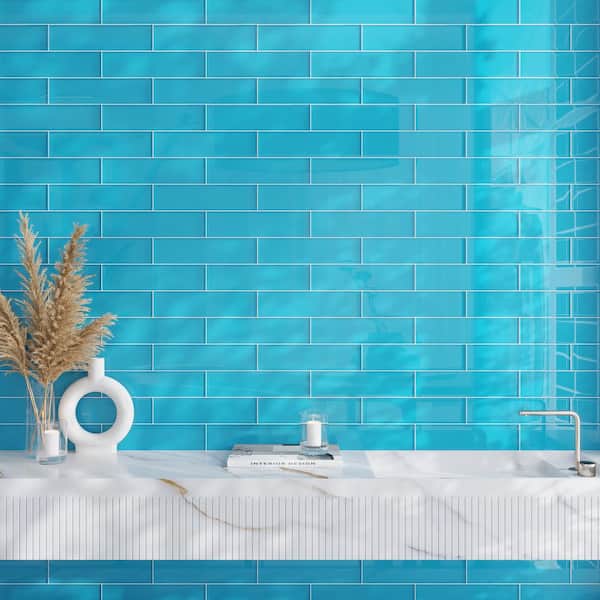 Laguna Blue 3-in. x 12-in. Polished Glass Mosaic Wall Tile (5 Sq ft/case)