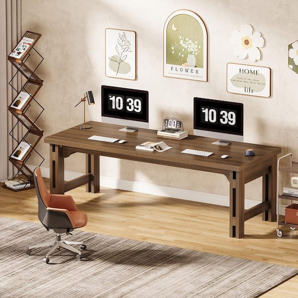 BYBLIGHT 79 in. Rectangular Brown Wood Computer Desk with Storage, Extra Long Computer Table for 2 People for Home Office