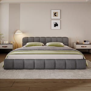 Jackson Modern Gray Chenille Upholstered Wood Frame King Size Platform Bed with Checkerboard Design