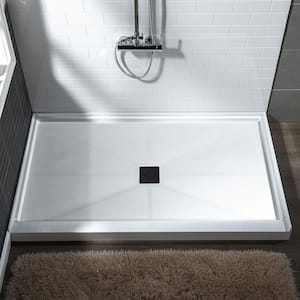 Krasik 48 in. L x 32 in. W Alcove Solid Surface Shower Pan Base with Center Drain in White with Matte Black Cover