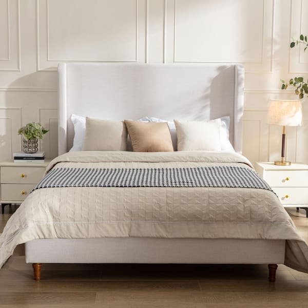 Noble House Harper Indoor Upholstered Metal Frame Tall Headboard Queen Platform Bed with Wingback, Textured Beige