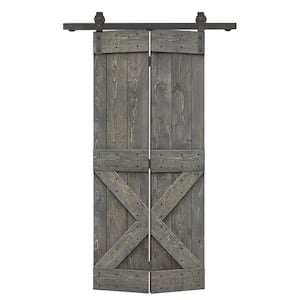 20 in. x 84 in. Mini X Series Weather Gray-Stained DIY Wood Bi-Fold Barn Door with Sliding Hardware Kit