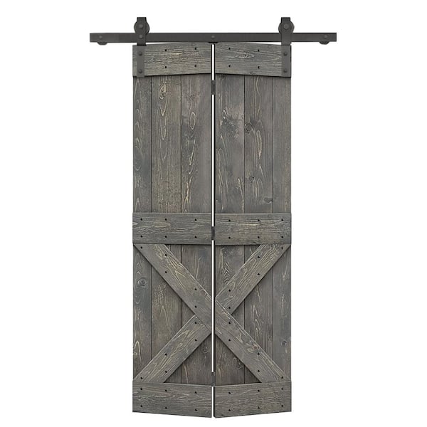 CALHOME 26 in. x 84 in. Mini X Series Solid Core Weather Gray Stained DIY Wood Bi-Fold Barn Door with Sliding Hardware Kit