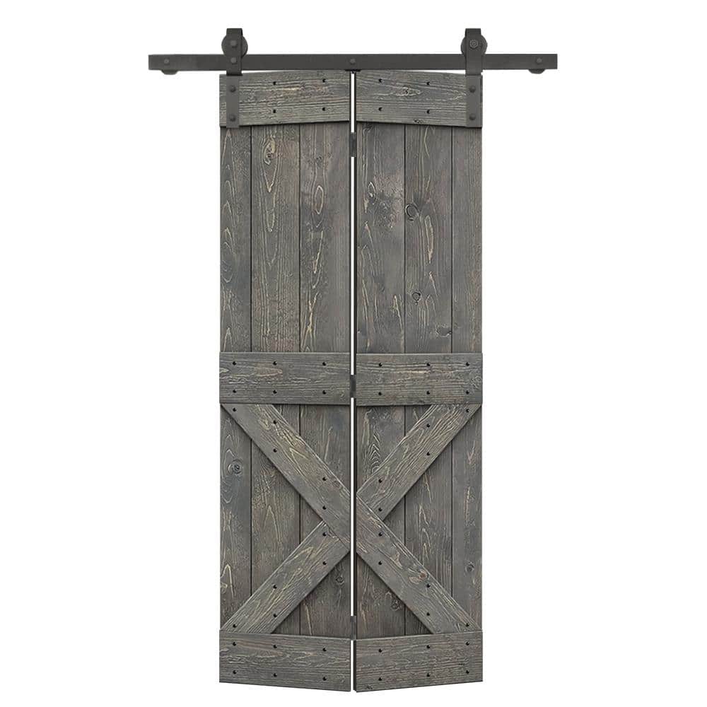 CALHOME 34 in. x 84 in. Mini X Series Weather Gray Stained DIY Wood Bi-Fold Barn Door with Sliding Hardware Kit