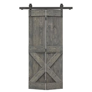 36 in. x 84 in. Mini X Series Solid Core Weather Gray Stained DIY Wood Bi-Fold Barn Door with Sliding Hardware Kit