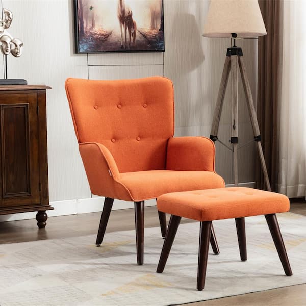Orange Velvet Arm Chair With Ottoman, Vintage Living Room Arm Chairs Upholstered