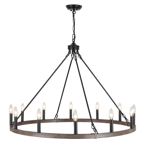 ADSENSTY 12-Light Black and Imitation Wood Grain Farmhouse Wagon Wheel Candlestick Chandelier