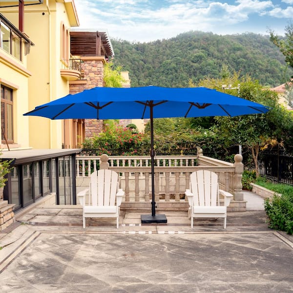 Bali Outdoor Double Sided 15 ft. x 9 ft. Rectangular Twin Market Patio Umbrella with Crank in Royal Blue