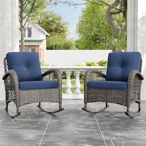 Brown Wicker Outdoor Rocking Chair Patio with Blue Cushions (2-Pack)