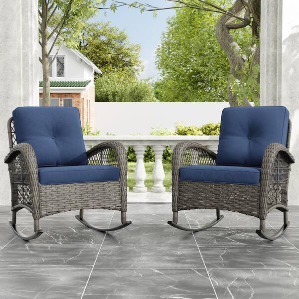 Brown Wicker Outdoor Rocking Chair Patio with Blue Cushions 2 Pack