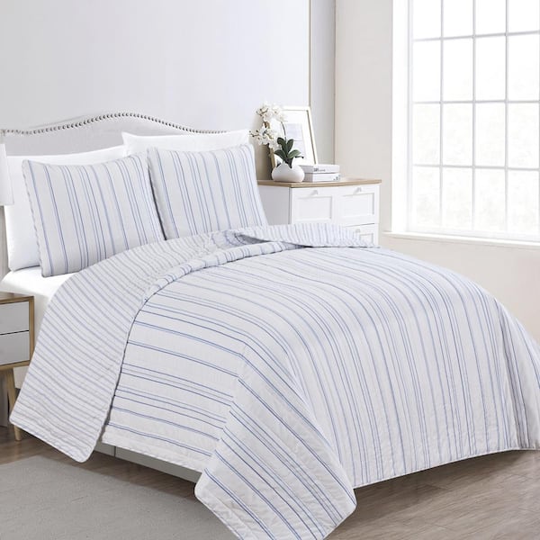 FRESHFOLDS Blue King Premium Striped 3-Piece Microfiber Quilt Set Bedspread