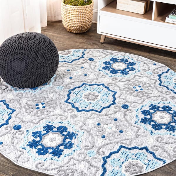 Mediterranean Medallion Blue/Gray 5 ft. Round Indoor/Outdoor Area Rug