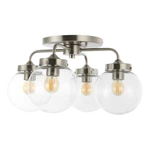 Piper 18 in. Nickel/Clear 4-Light Farmhouse Rustic Iron/Glass LED Semi Flush Mount