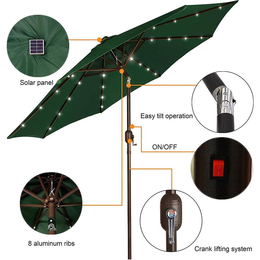 9 ft Dark Green Aluminum Market Umbrella with LED Lights