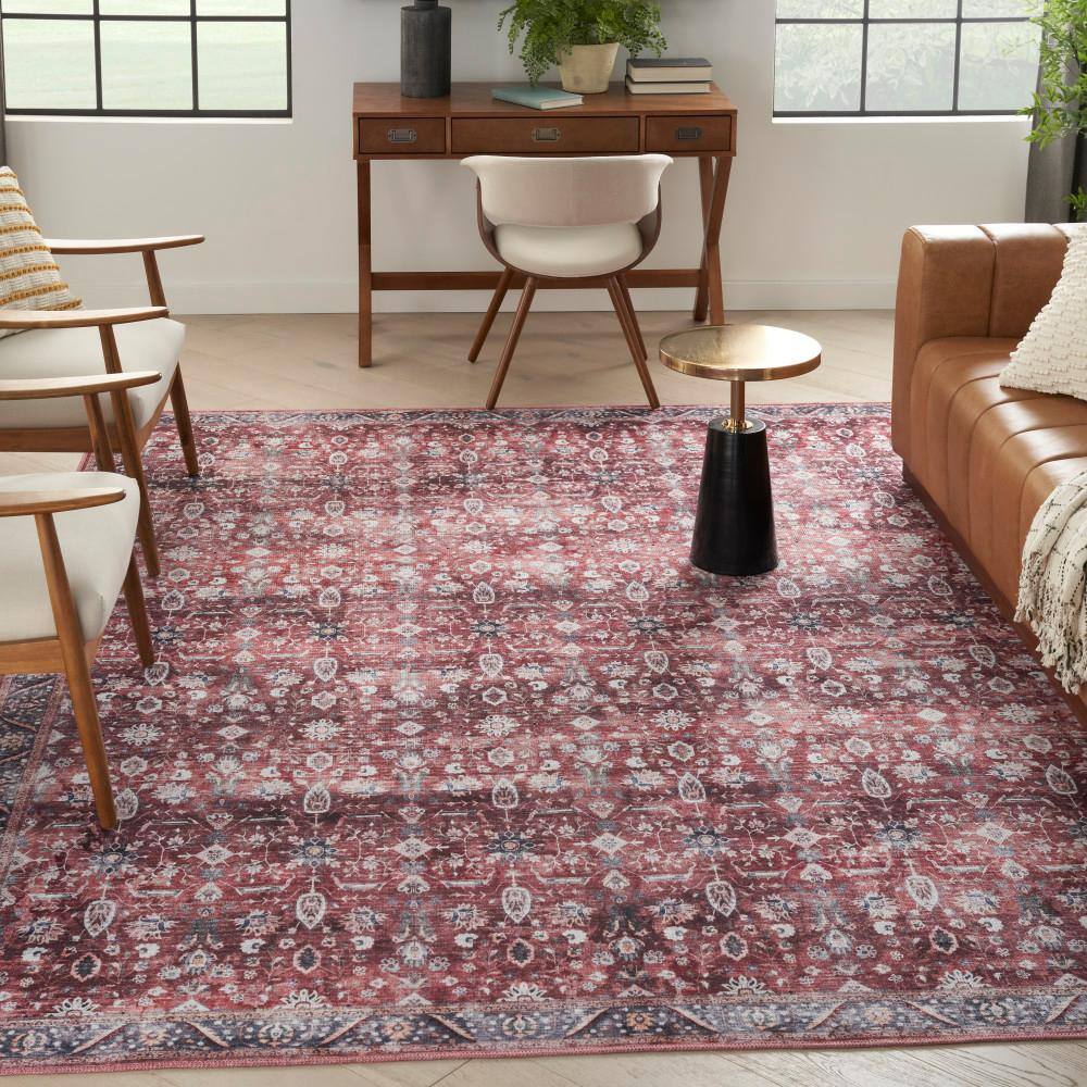 Brick and Ivory Floral Washable Synthetic 5' x 7' Rug