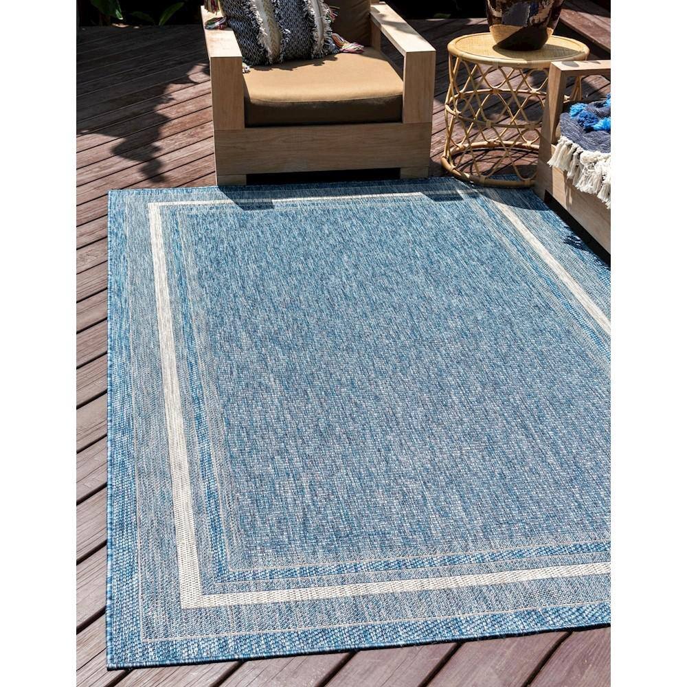 Serene Blue Flatweave 5'3" x 8' Outdoor Rug with Simple Border