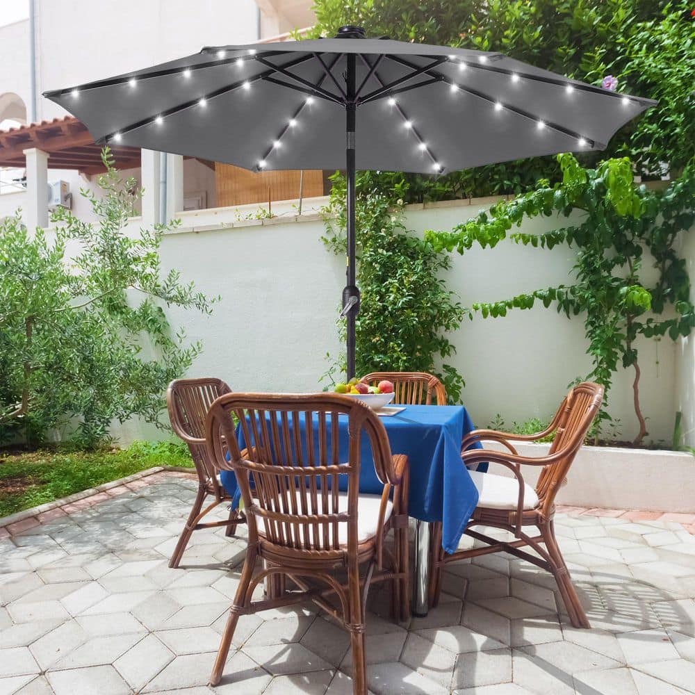 9 ft. Market Solar Lighted LED and Tilt Button Outdoor Table Patio Umbrella, UV-Resistant Canopy in Anthracite price history on PriceWatchPro