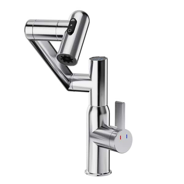 Single Handle Single Hole Temperature Display Bathroom Faucet with Sprayer 360° Rotary Sink Taps in Polished Chrome