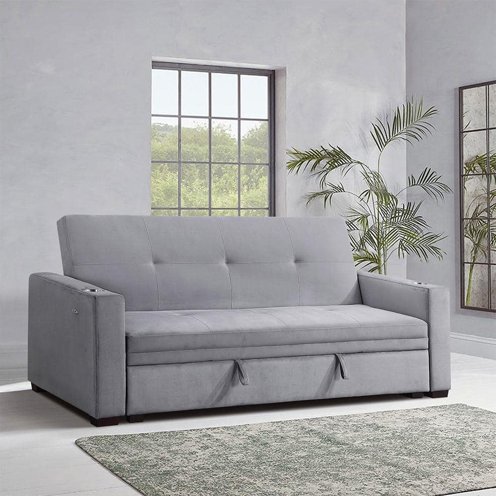 Domino 83.5 in. Gray Velvet Twin Futon Sofa Bed
