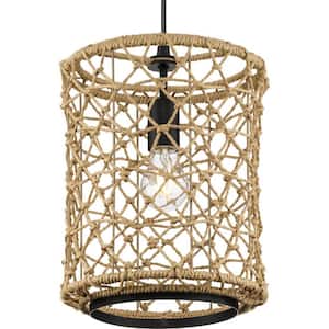 Chandra Collection 10 in. 1 -Light Matte Black Statement Pendant with Woven Shade