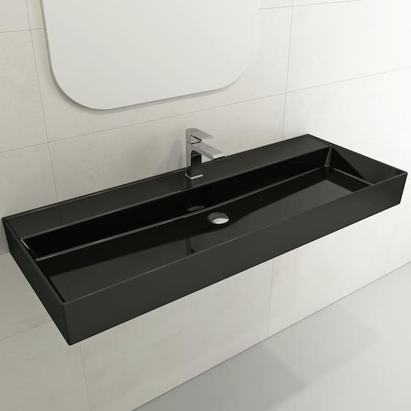 BOCCHI Milano Black 47.75 in. 1-Hole Wall-Mounted Fireclay Rectangular Vessel Sink with Overflow