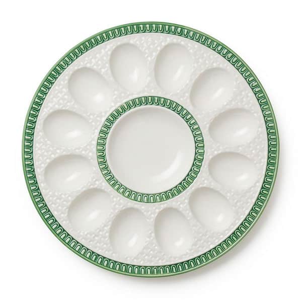 Le Jardin 12.25 in. W x. 875 in. H x 12.25 in. D. Green and White Stoneware Embossed Rattan Egg Plate Serving Tray