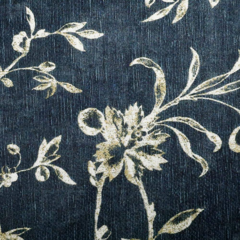 Dark Navy Floral Chenille Machine Washable Non-Slip Rug Set