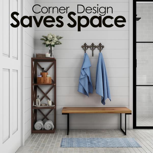 38.25 in. Brown Wood 4-shelf Corner Etagere Bookcase with Open Storage