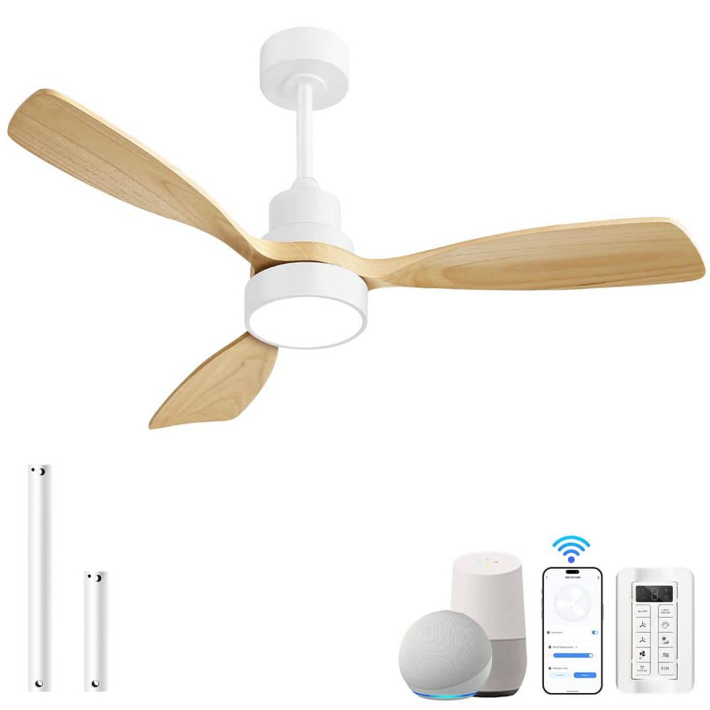 48 in. Indoor/Outdoor Wood White Ceiling Fan with LED Light, Remote Control and App