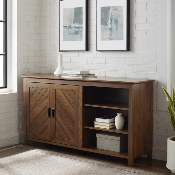 Dark Walnut Wood Sideboard with Angled Groove Doors