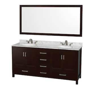 Sheffield 72 in. W x 22 in. D x 35 in. H Double Bath Vanity in Espresso with White Carrara Marble Top and 70" Mirror