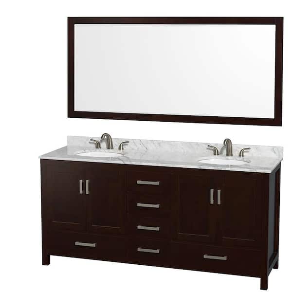 Wyndham Collection Sheffield 72 in. W x 22 in. D x 35 in. H Double Bath Vanity in Espresso with White Carrara Marble Top and 70" Mirror