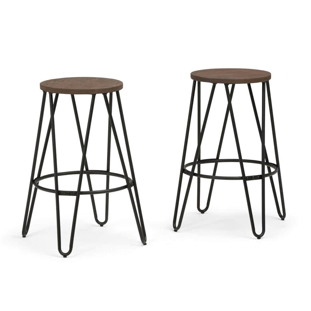 Simeon 26" Cocoa Brown and Black Metal Counter Stools with Elm Wood Seat