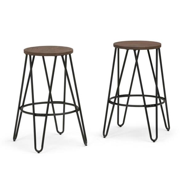 Simpli Home Simeon in Cocoa Brown / Black 26 inch Metal Counter Height Stool with Wood Seat (Set of 2)