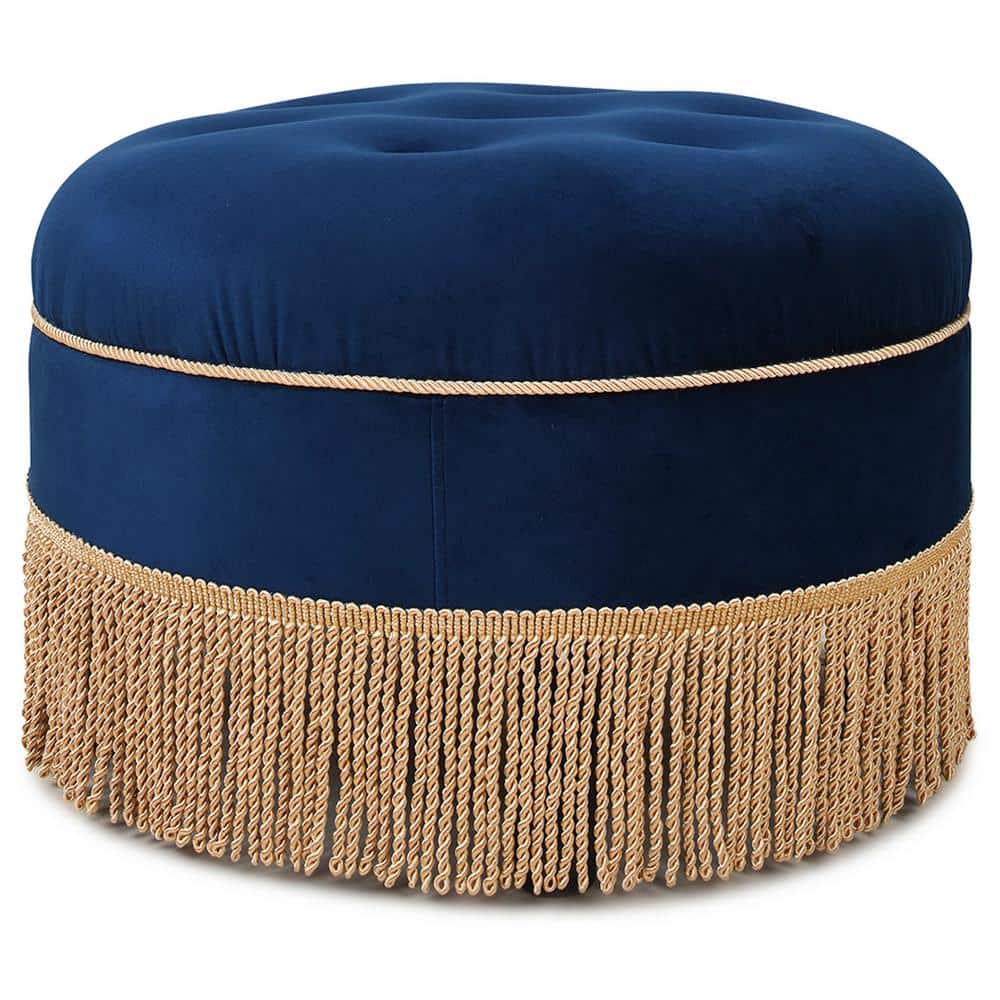 Navy Blue Velvet Tufted Round Ottoman with Fringe