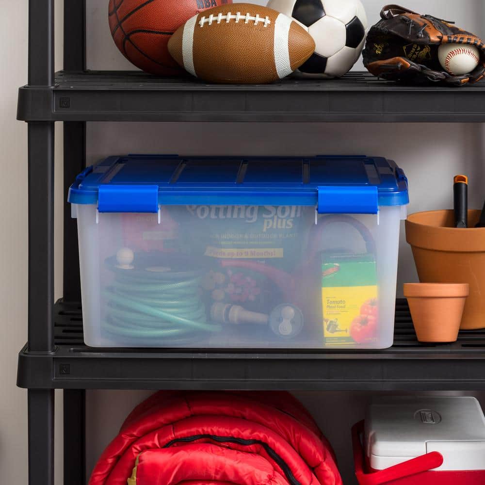 Clear 60 Quart Stackable Plastic Storage Box with Blue Lid