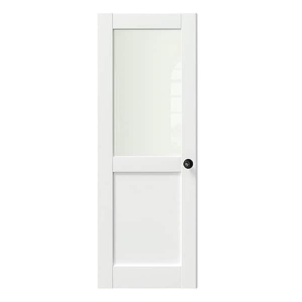 28 in. x 80 in. Solid Wood and MDF, Primed, White, 1/2 Lite, Frosted Glass Interior Door Slab With Black Goal Doorknob