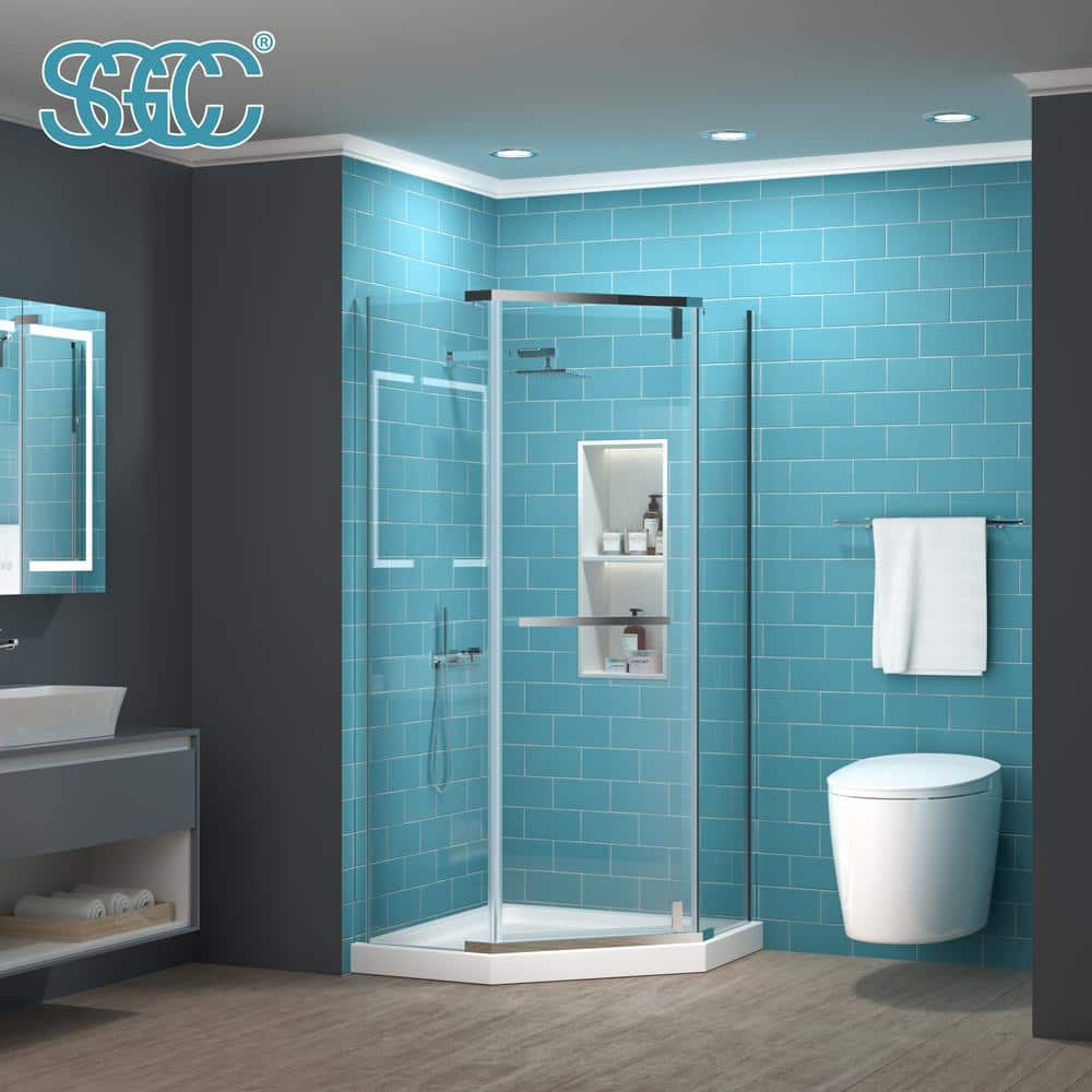 36" Chrome Neo-Angle Frameless Pivot Shower Door with Clear Glass