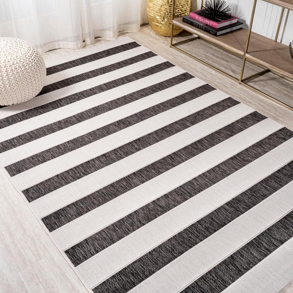 Classic Wide Stripe Black and Cream 8' x 10' Synthetic Area Rug