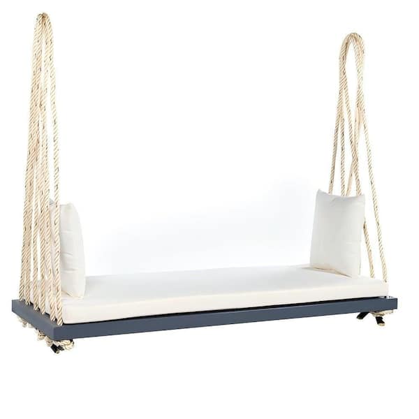 EPIPHANY DOUBLED INC 2-Person Gray Acacia Wood Porch Swing Bench with Beige Cushion and Pillows